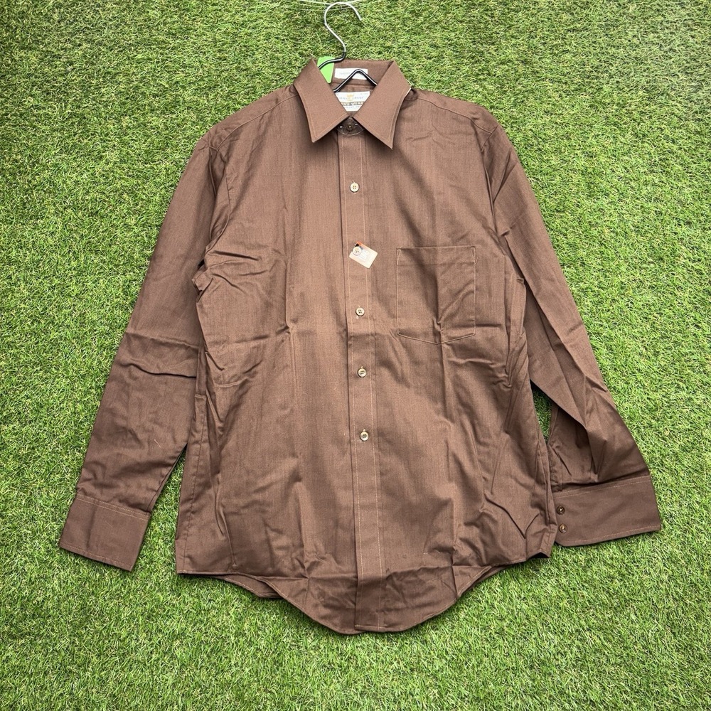 Vintage Grant Crest Shirt Mens Medium Brown Dress Long Sleeve Button Up 70s